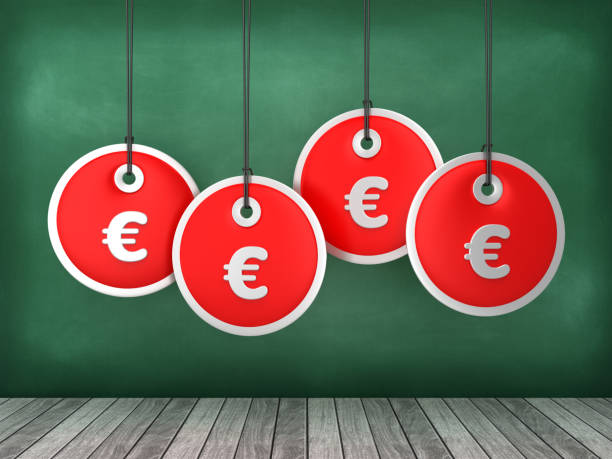 euro sign price tags hanging on chalkboard background - 3d rendering - selling buy cube three dimensional shape imagens e fotografias de stock