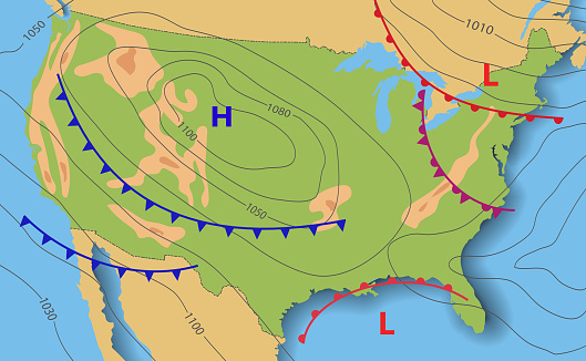 Weather forecast of USA. Meteorological weather map of the United State of America. Realistic synoptic map with aditable generic map showing isobars and weather fronts. Topography and physical map