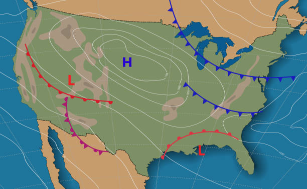 wettervorhersage. meteorologische wetterkarte des vereinigten königreichs amerika. realistische synoptische karte usa mit aditable generische karte mit isobars und wetterfronten. topographie und physikalische karte. - map topography topographic map symbol stock-grafiken, -clipart, -cartoons und -symbole