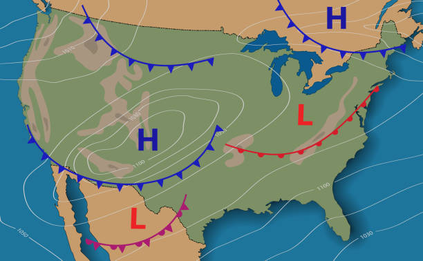 ilustraciones, imágenes clip art, dibujos animados e iconos de stock de pronóstico del tiempo. mapa meteorológico de los estados unidos de américa. mapa sinóptico realista de ee.uu. con mapa genérico anotable que muestra isobares y frentes meteorológicos. topografía y mapa físico. - cloud drawing heat cold