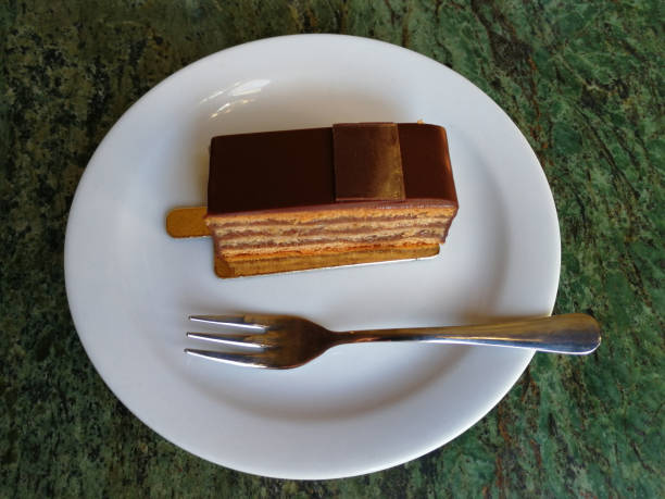 istock Piece of cake with chocolate on the top and fork on the plate 1178541817