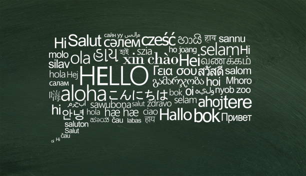dymek białych słów powitania w różnych językach - grammar text dictionary single word zdjęcia i obrazy z banku zdjęć