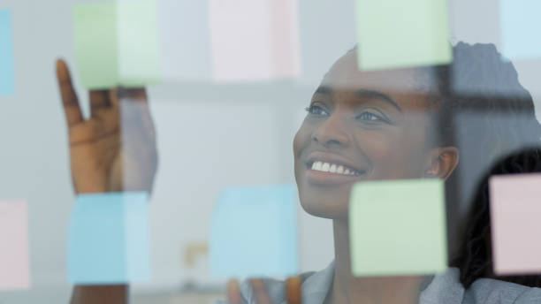 istock Female Entrepreneur Putting Notes On Glass Board In Modern Office 1178543219