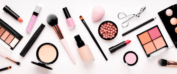 Set of cosmetic products for makeup with natural brushes Set of cosmetic products for makeup with natural brushes on white background, panorama make up stock pictures, royalty-free photos & images