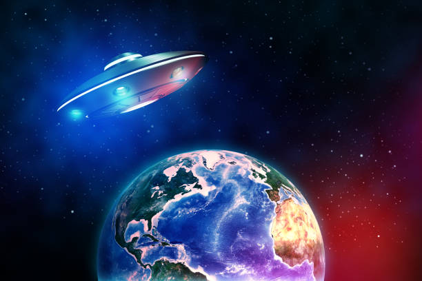 istock 3d rendering of silver metal UFO above the Earth planet on dark outer space background 1178545220