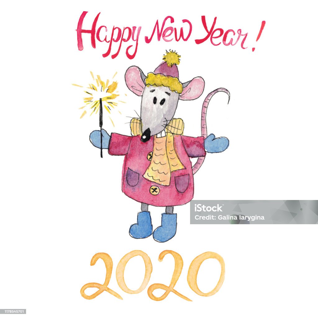 New Year 2020 Festive Watercolor Drawing Of A Mouse Stock ...