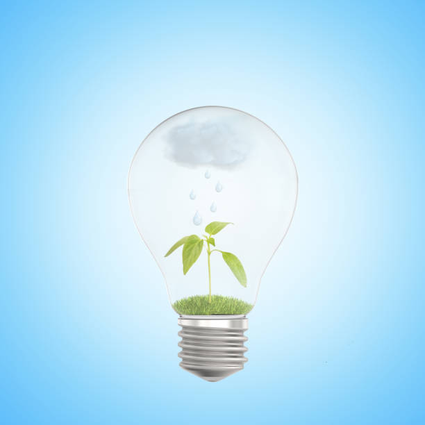 istock 3d close-up rendering of electric bulb with green sprout and rain cloud inside on light blue background. 1178546802