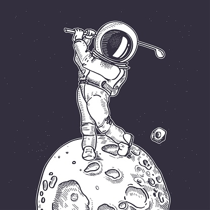 Astronaut with a golf club. The game of golf.  Illustration on the theme of astronomy.
