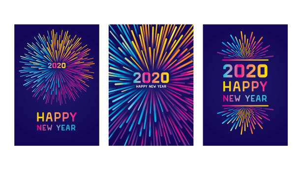 새해 복 주 2020 카  드 세트 - 불꽃놀이 오락 행사 일러스트 stock illustrations