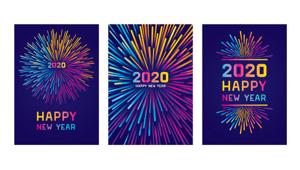 Happy new year 2020 card set Modern New year colorful fireworks. Editable set of vector illustrations on layers. 
This is an AI EPS 10 file format, with transparencies and one clipping mask. celebration event illustrations stock illustrations