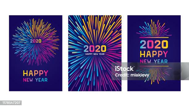 Happy New Year 2020 Card Set Stock Illustration - Download Image Now - Firework Display, Firework - Explosive Material, Celebration Event