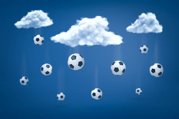 3d rendering of football balls falling from white clouds on blue background. Digital art. Outdoor activities. Sporting goods.