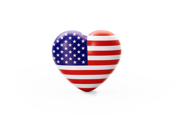 Heart shape textured with American flag on white background.  Horizontal composition with copy space. Clipping path is included.