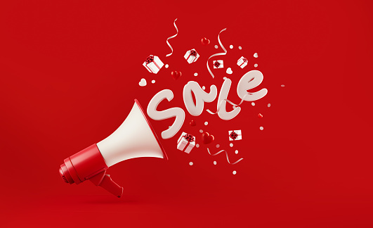 Sale text coming out of a megaphone with gift boxes confetti and party streamers falling on red background, Great use for party and holidays concepts.