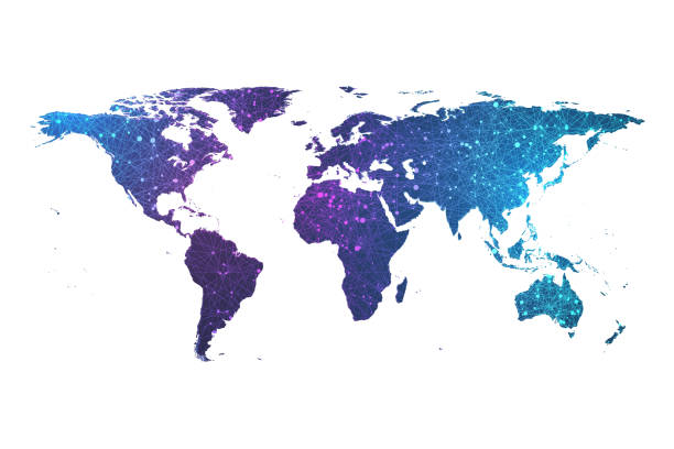 글로벌 네트워크 연결 신경총 파티클 세계지도. 글로벌 비즈니스의 세계지도 지점 및 선 구성 개념 벡터 일러스트레이션. 전 세계 네트워크 연결 - australia globe map earth stock illustrations