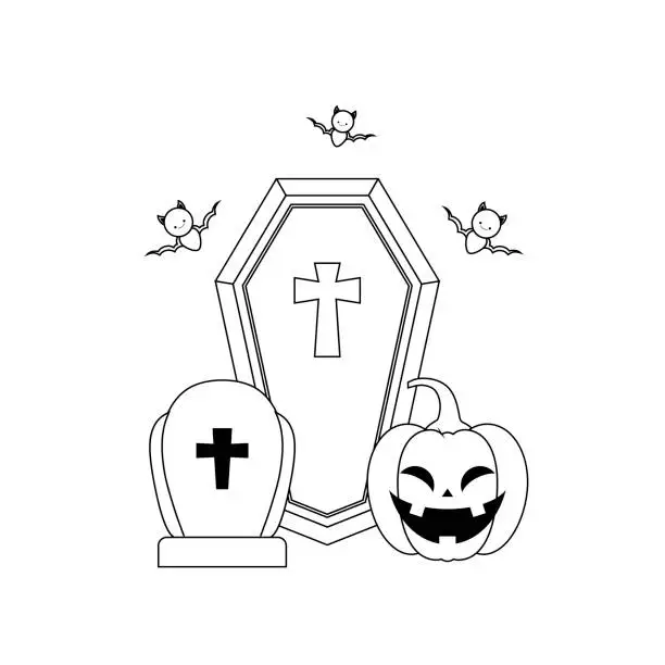 Vector illustration of wood coffin with christian cross on white background