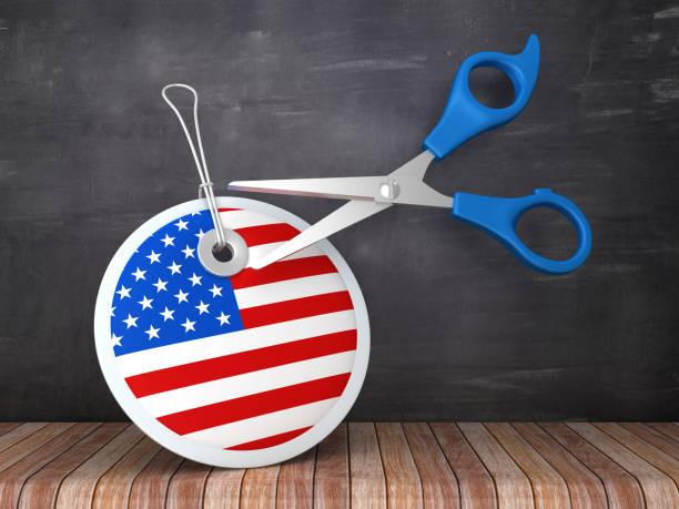 istock USA FLAG Circular Price Tag with Scissors on Chalkboard Background - 3D Rendering 1178558766