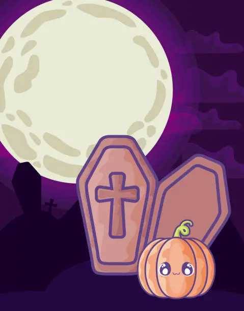 Vector illustration of wood coffin with christian cross on halloween scene