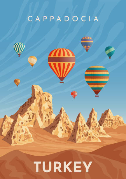 ilustrações de stock, clip art, desenhos animados e ícones de cappadocia hot air balloon flight. travel to turkey. retro poster, vintage banner. hand drawing flat vector illustration. - cappadocia hot air balloon turkey basket