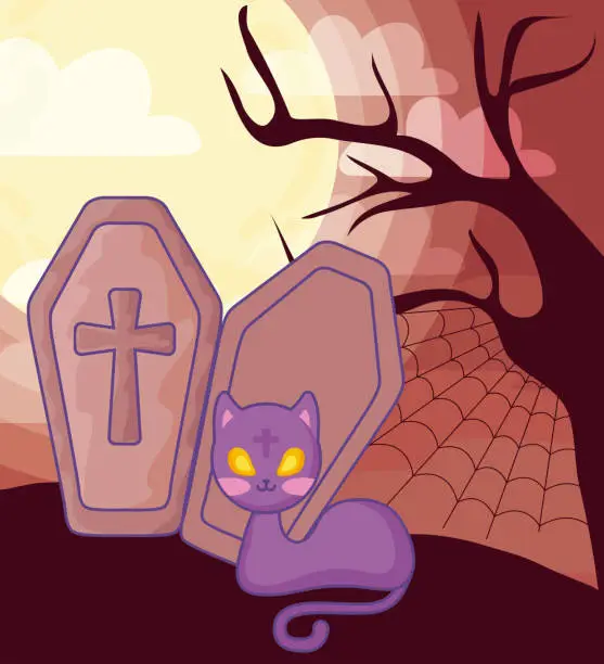 Vector illustration of wood coffin with christian cross on halloween scene