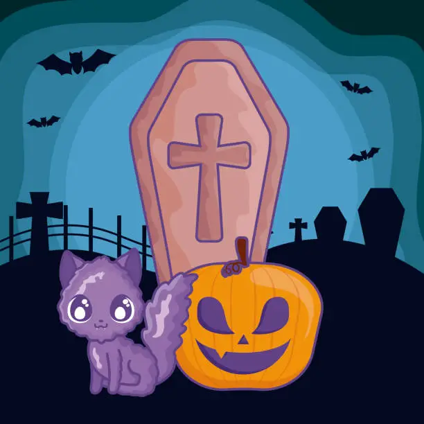 Vector illustration of wood coffin with christian cross on halloween scene