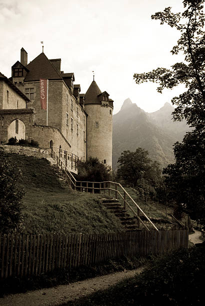 Gruyeres Castle and Prealps mountains in Gruyere district, Canton Fribourg in Switzerland