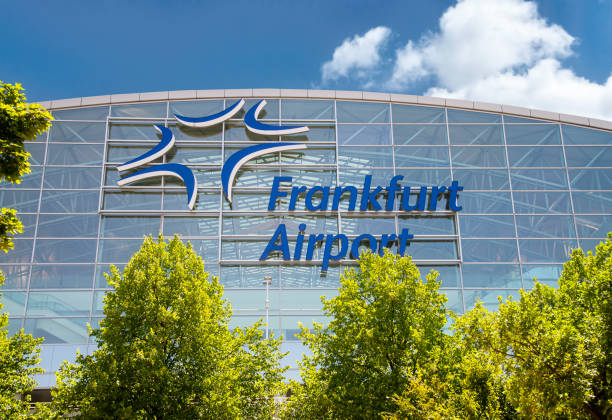 Terminal 2 at Frankfurt Airport Frankfurt, Hesse, Germany - July 21, 2019: Facade of Terminal 2 at Frankfurt Airport with the Fraport logo frankfurt international airport stock pictures, royalty-free photos & images