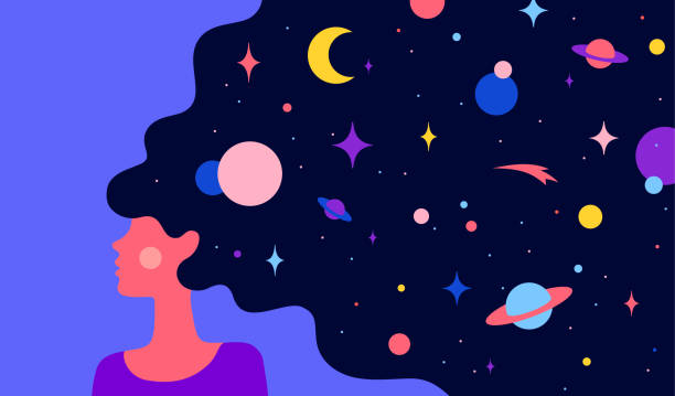 Woman with dream universe. Simple character of woman Modern flat character. Woman with dream universe. Simple character of woman girl with universe starry night in hair. Woman character in dream. Concept in flat color graphic. Vector Illustration galaxy illustrations stock illustrations