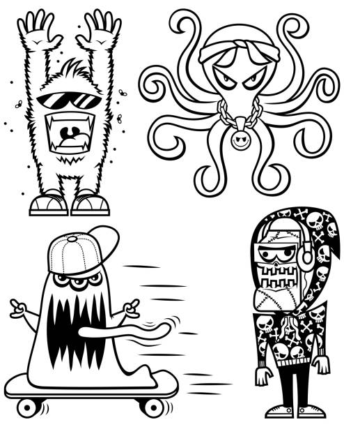 Graffiti Monsters Line Art Set of 4 graffiti monster sticker line art designs. zombie paper stock illustrations