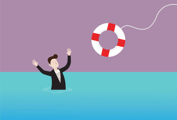 ilustrações de stock, clip art, desenhos animados e ícones de businessman in the water and lifebuoy - debt finance despair water