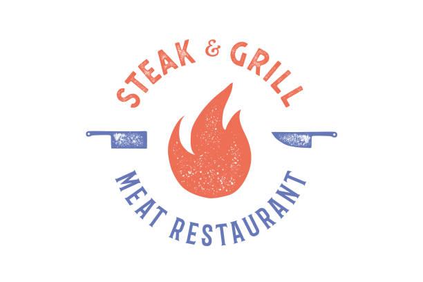 illustrazioni stock, clip art, cartoni animati e icone di tendenza di logo carne. logo per ristorante grill house con icona fuoco, coltello - steak chef cooking meat