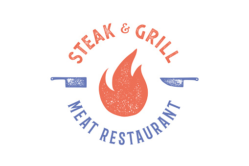 Meat logo. Logo for grill house restaurant with icon fire, knife, text typography Steak, Grill, Meat, Restaurant. Graphic logo template for restaurant, bar, cafe, food court, menu. Vector Illustration