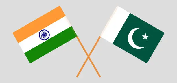Vector illustration of Pakistan and India. Crossed Pakistani and Indian flags