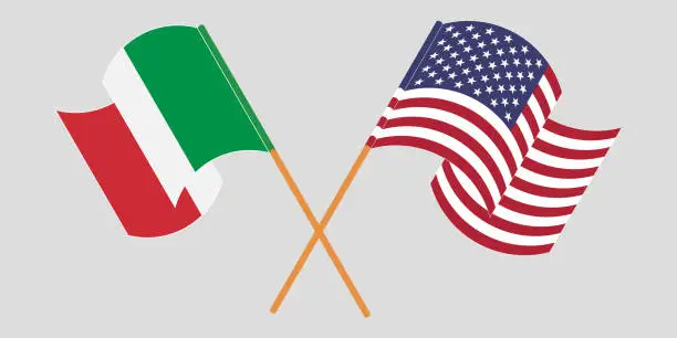 Vector illustration of Crossed and waving flags of Italy and the USA