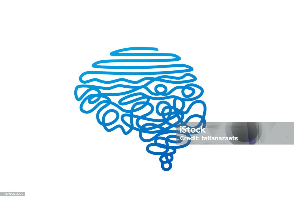 Cable azul enredado en la ilustración vectorial de forma de cerebro humano - arte vectorial de Salud mental libre de derechos