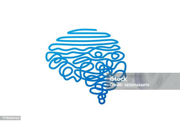 Ilustración de Cable Azul Enredado En La Ilustración Vectorial De Forma De Cerebro Humano y más Vectores Libres de Derechos de Salud mental