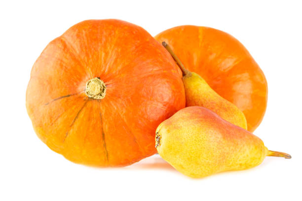 Pumpkins with pears. Fall bright color fruits and vegetables isolated on white