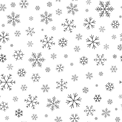 Snowflake line seamless pattern. Layered winter season ornate star background. Linear snow flakes repeat ornament for paper wrap, fabric print, wallpaper decor. Frosty ice outline vector illustration
