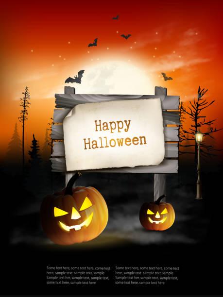 istock Scary Halloween background with pumpkins and wooden sign. Vector. 1178566987