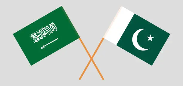 Vector illustration of Pakistan and the Kingdom of Saudi Arabia. Crossed Pakistani and KSA flags.
