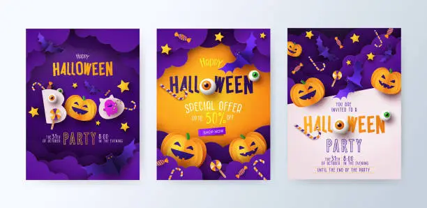 Vector illustration of Set of Halloween party invitations, greeting cards, or posters with calligraphy, cutest pumpkins, bats and candy in night clouds.