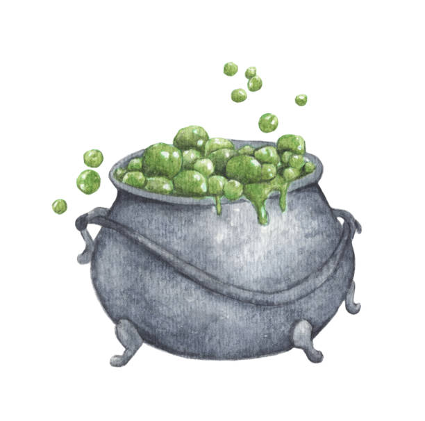 Cauldron witch pot with green poison. Watercolor painting illustration for Halloween. Cauldron witch pot with green poison. Isolated on white background. Watercolor painting illustration for Halloween. cauldron illustrations stock illustrations