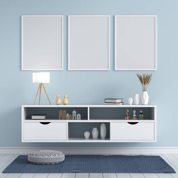 Three blank photo frame for mocku in living room, 3D rendering Three blank photo frame for mockup and sideboard in living room, 3D rendering sideboard photos stock pictures, royalty-free photos & images