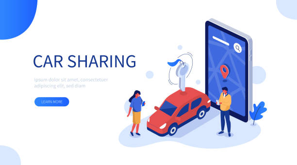car sharing People Characters Using Car Sharing Service for City Transportation. Man and Woman Picking up Carsharing Vehicle. Modern Auto Rental and Shared Mobility Concept.  Flat Cartoon Vector Illustration. mobility as a service stock illustrations