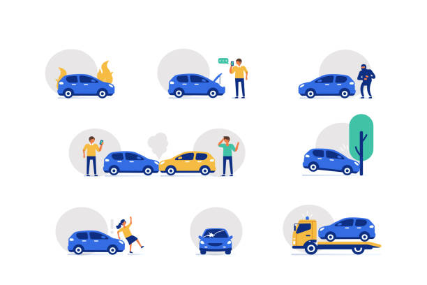 car accident icons Car Crash Accident on the Road Icons Set.  Drivers standing near Damaged Vehicles. Automobile with Broken Windshield. Different Auto Collision Scenes. Flat Cartoon Vector Illustration. driving illustrations stock illustrations