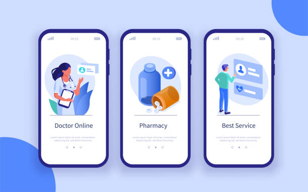 healthcare banners Healthcare and Medicine Mobile App Pages Template. Patient Choosing Online Doctor and Receiving Medicament Prescription. Different Medical Services Concept. Flat Isometric Vector Illustration. website infographics stock illustrations
