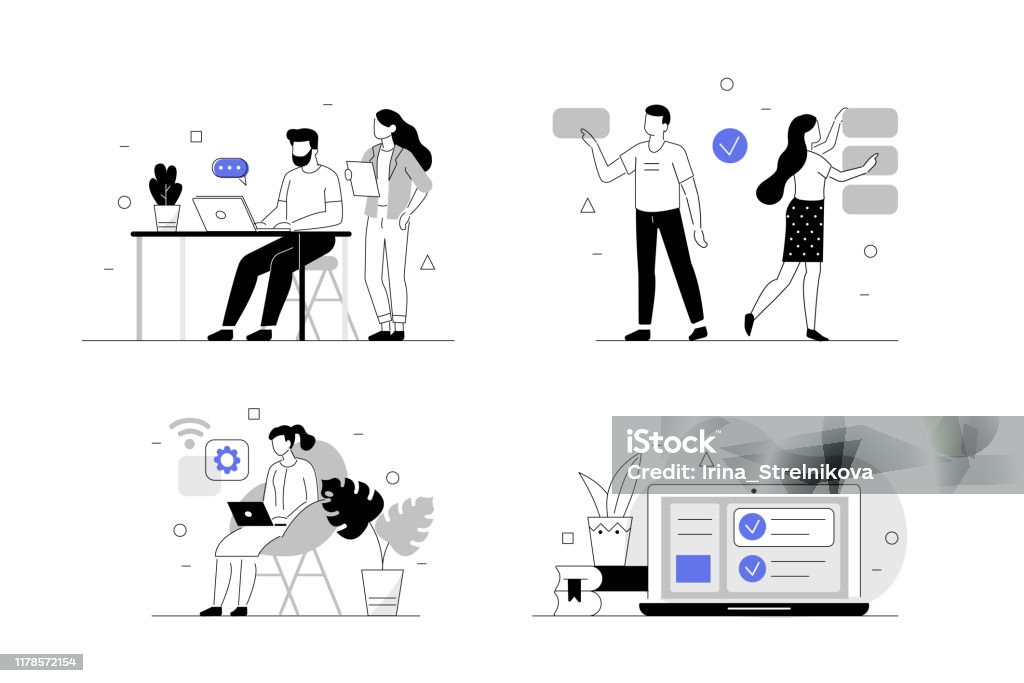 business people Business People Characters Together Set. Man and Woman Working, Discussing and Meeting in Coworking Office. Coworkers and Freelancers Creative Team. Flat Line Vector Illustration. Illustration stock vector