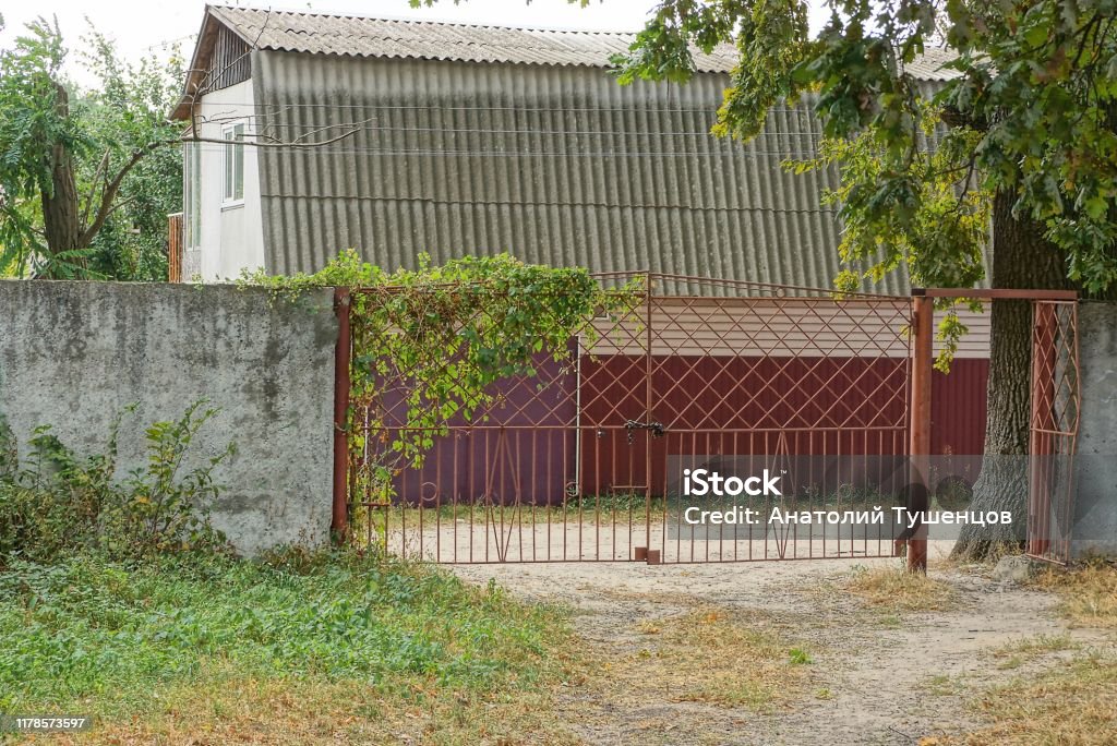 Brown Forged Metal Gate Overgrown With Green Vegetation And Gray