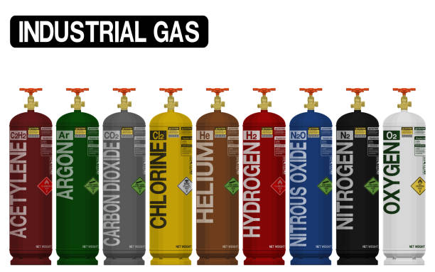 Set of isolated industrial gas cylinder on transparent background.Color of the cylinder refer to industrial standard gas cylinder coding. Set of isolated industrial gas cylinder on transparent background.Color of the cylinder refer to industrial standard gas cylinder coding. gas cylinder stock illustrations