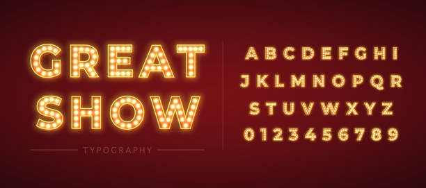 3d light bulb alphabet with gold frame isolated on dark red background. 3d light bulb alphabet with red frame isolated on dark red background. Broadway show style retro glowing font. Vector illustration. illuminated illustrations stock illustrations